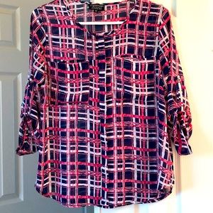 PAPERMOON - Navy Blue & Pink Roll Tab Sleeves Top